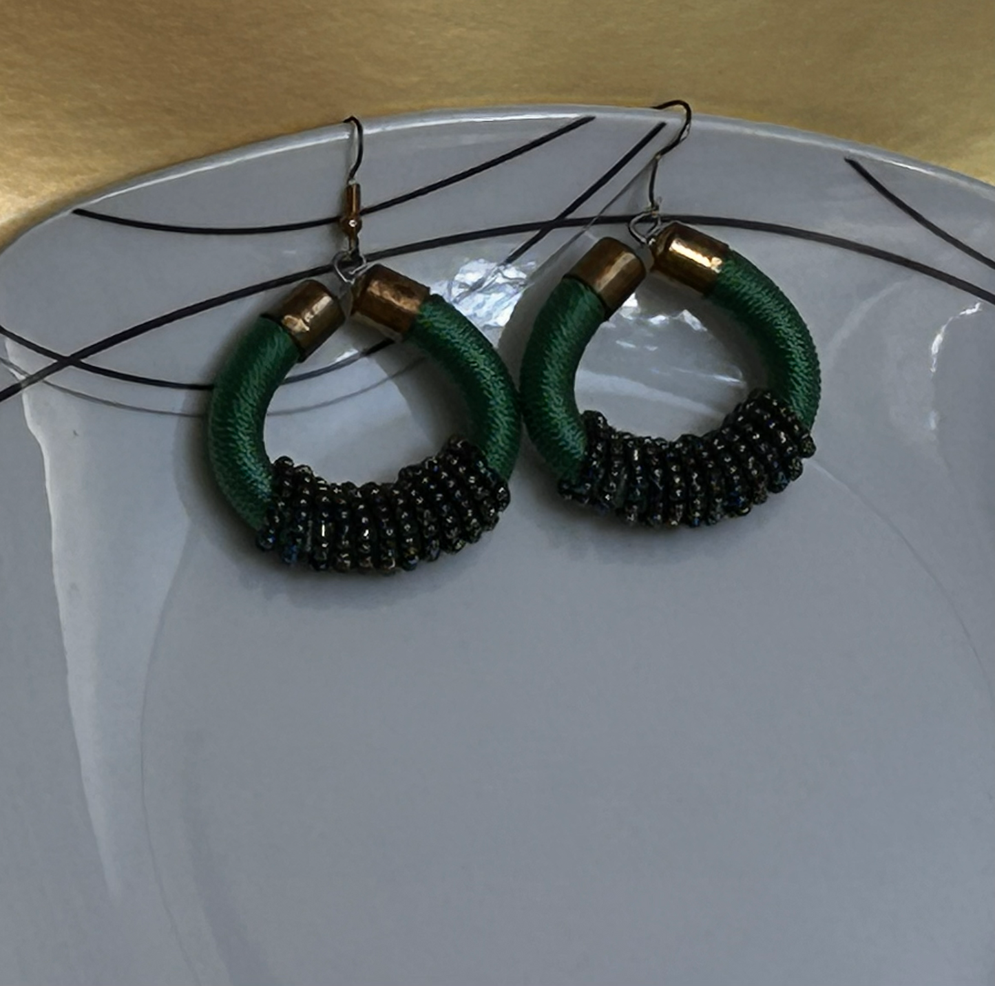 Handcrafted Green Wrapped Hoop Earrings with Beaded Detail image 1