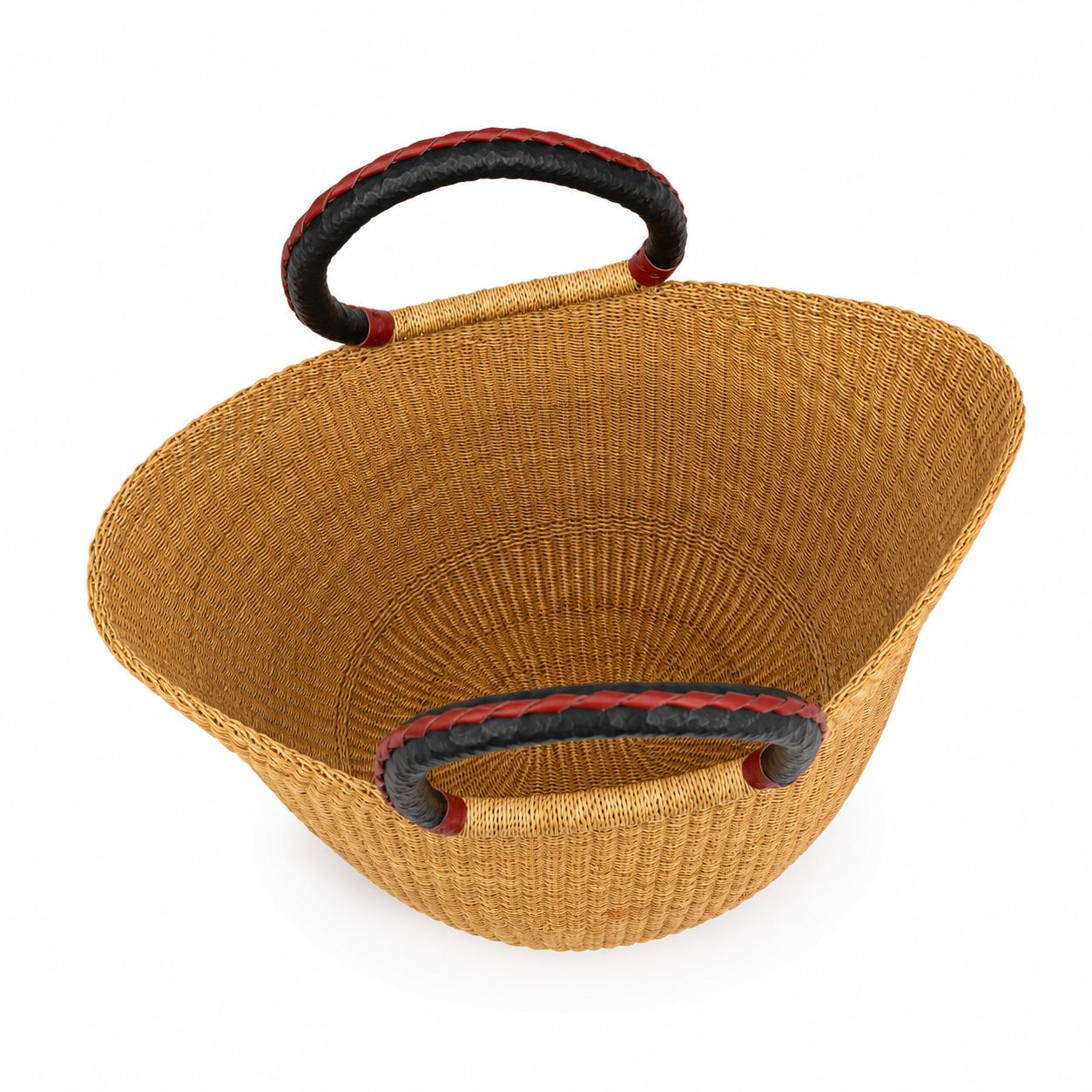 Handwoven African Straw Market Basket | Natural Bolga Basket with Leather Handle