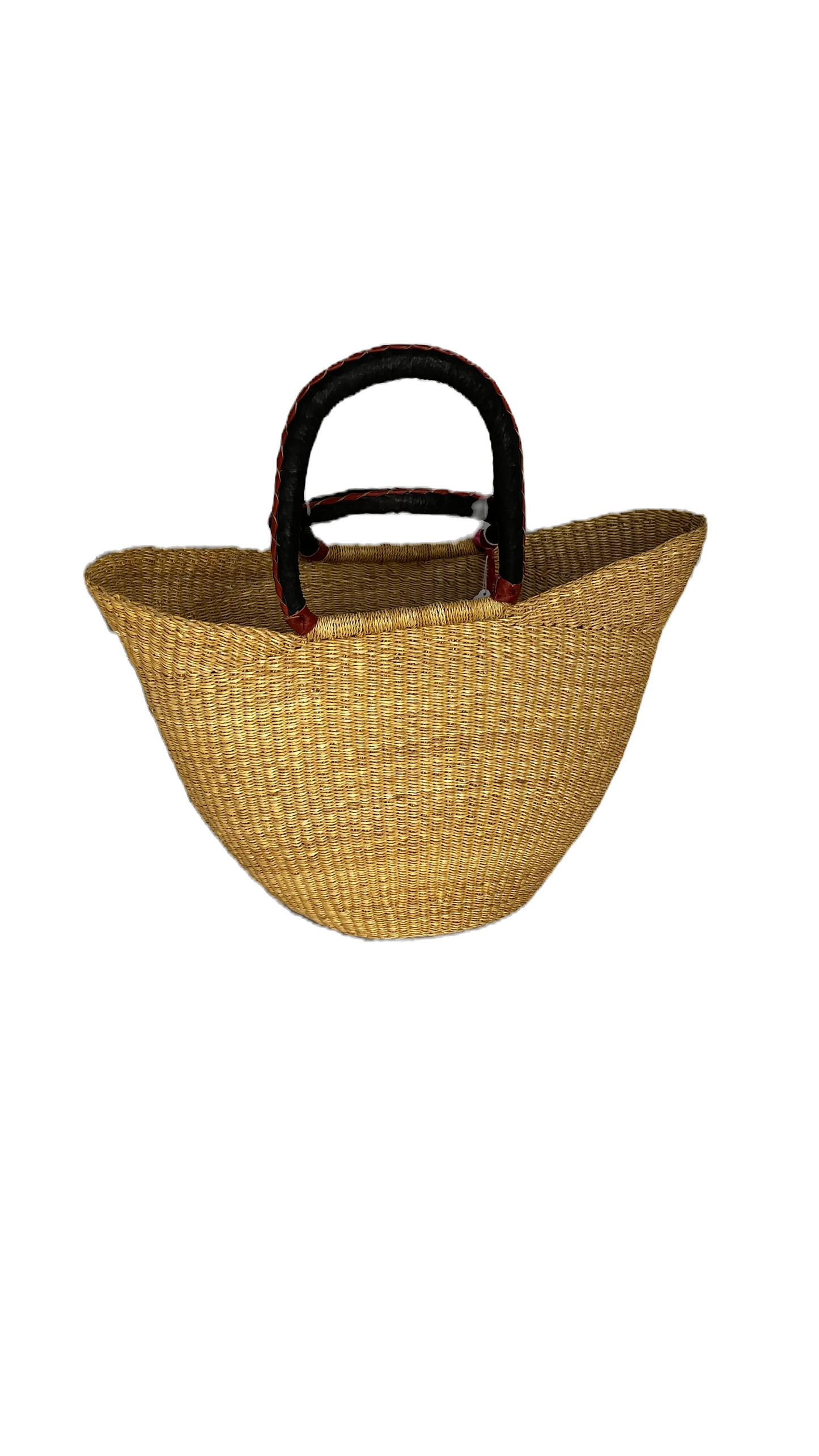 Handwoven African Straw Market Basket | Natural Bolga Basket with Leather Handle image 0