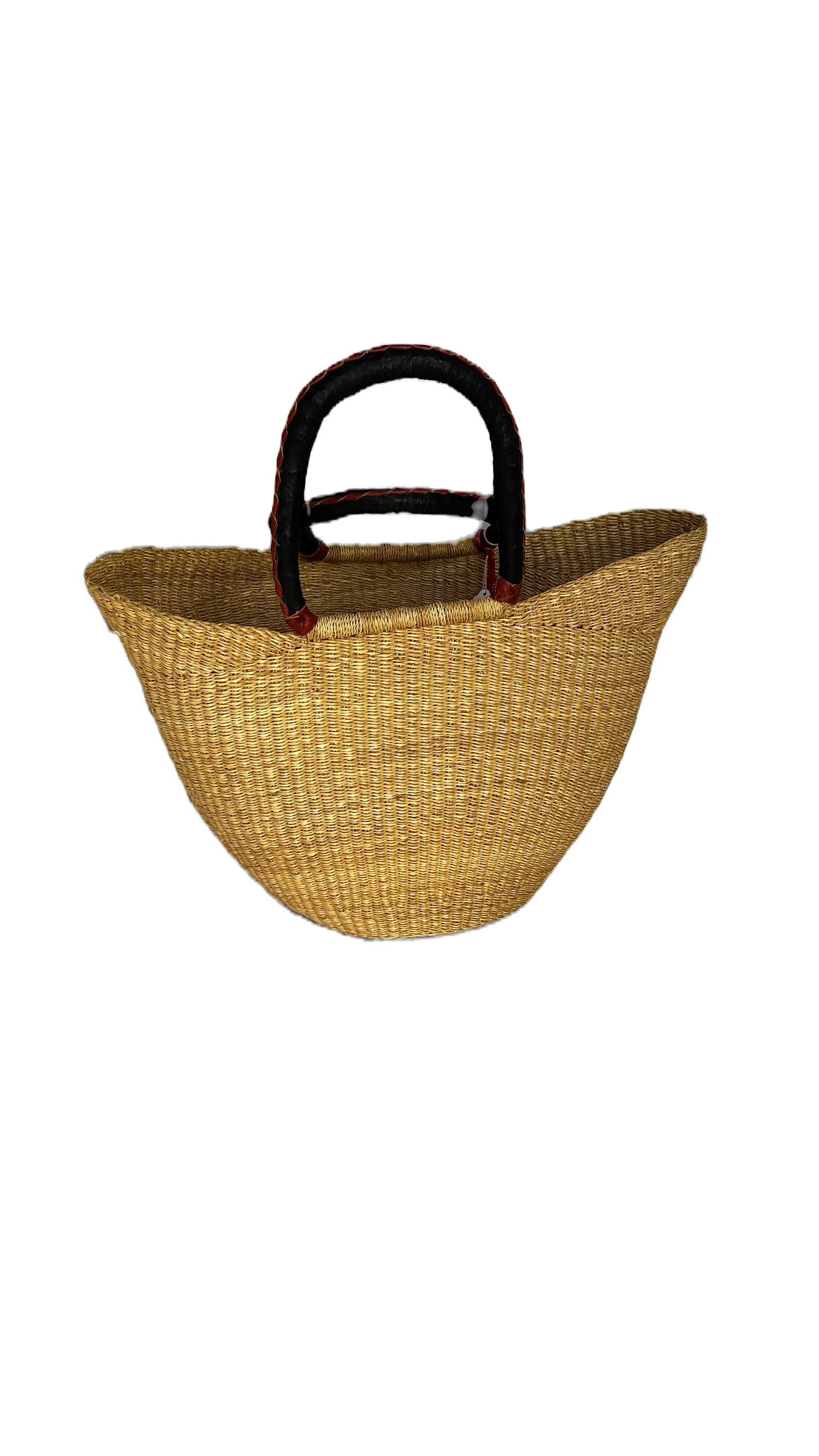 Handwoven African Straw Market Basket | Natural Bolga Basket with Leather Handle image 0