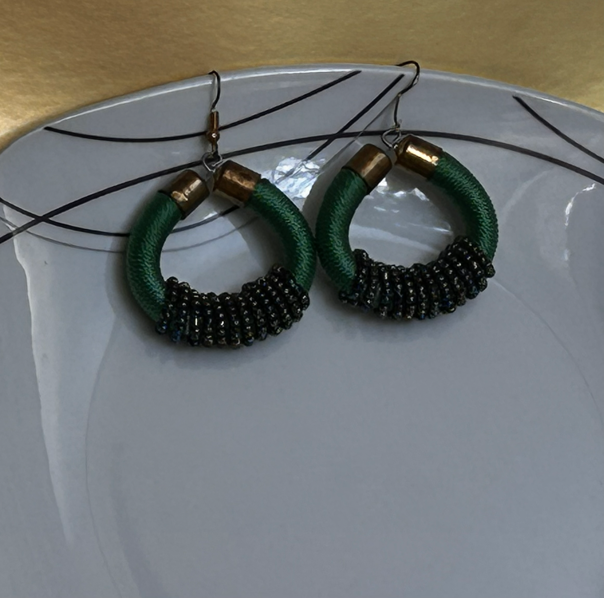 Handcrafted Green Wrapped Hoop Earrings with Beaded Detail image 1