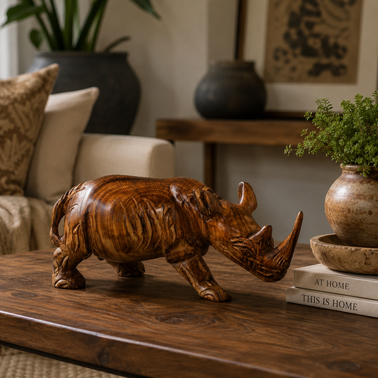Handcrafted Wooden Rhinoceros Sculpture