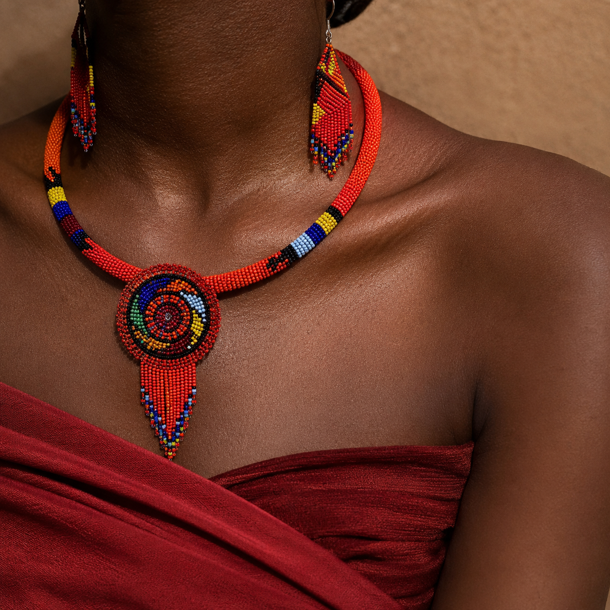 Handmade Amani Maasai beaded jewelry set featuring a multicolored African beadwork necklace with a circular pendant and matching dangling earrings displayed on a neutral background.