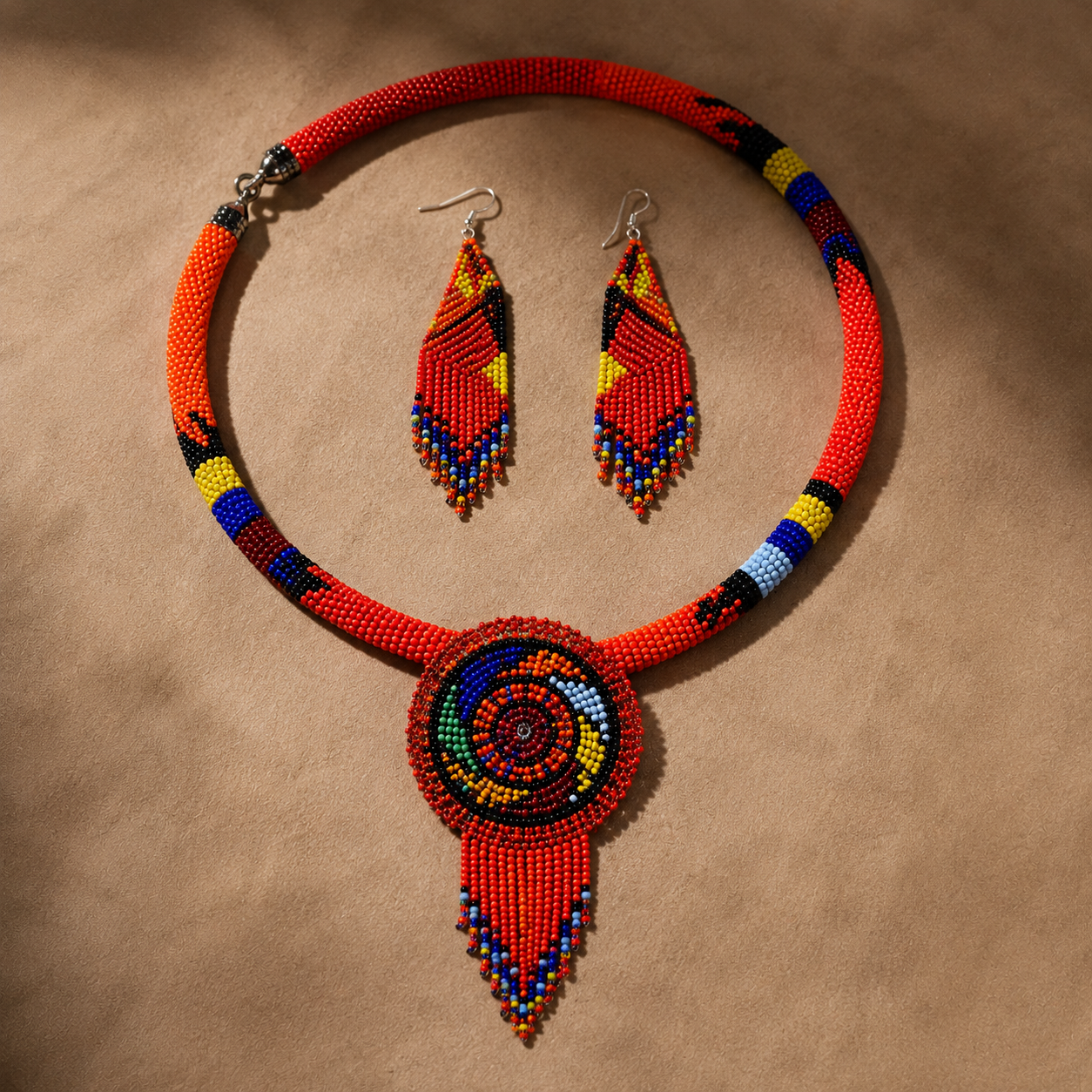 Handmade Amani Maasai beaded jewelry set featuring a multicolored African beadwork necklace with a circular pendant and matching dangling earrings displayed on a neutral background.