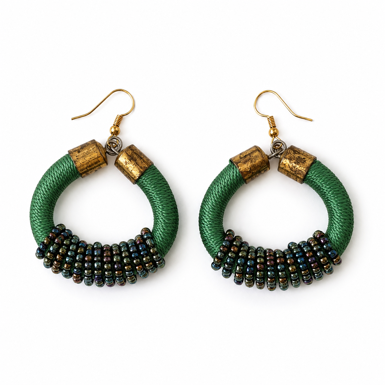 Amara Handcrafted Green Wrapped Hoop Earrings with Beaded Detail