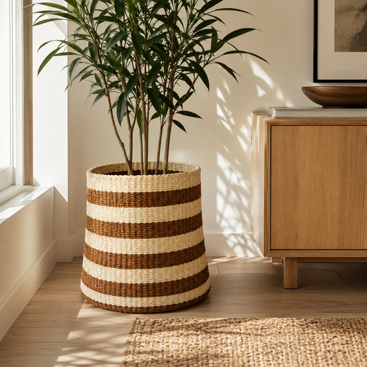 Handwoven Brown & Natural Stripe Sisal Plant Basket