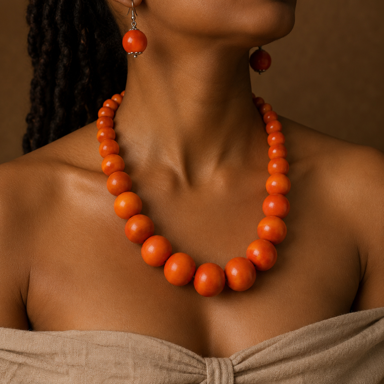 Zuri Orange Wooden Bead Statement Jewelry Set
