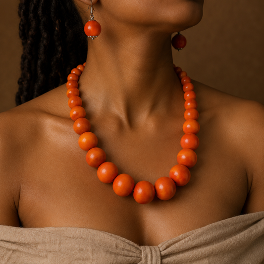 Zuri Orange Wooden Bead Statement Jewelry Set