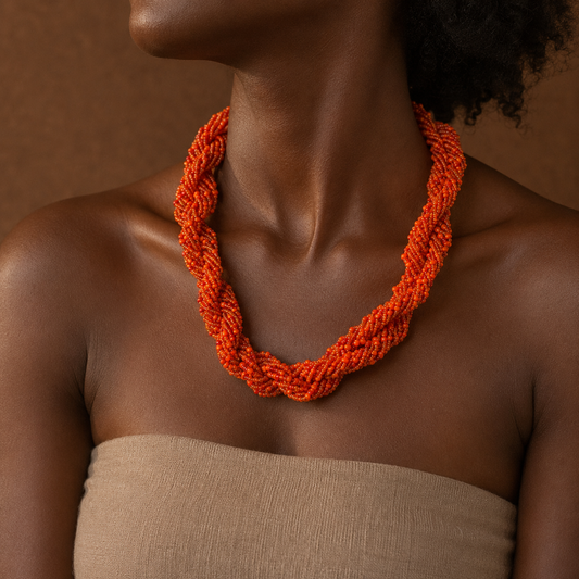 Bahari Handwoven Orange Beaded Statement Necklace