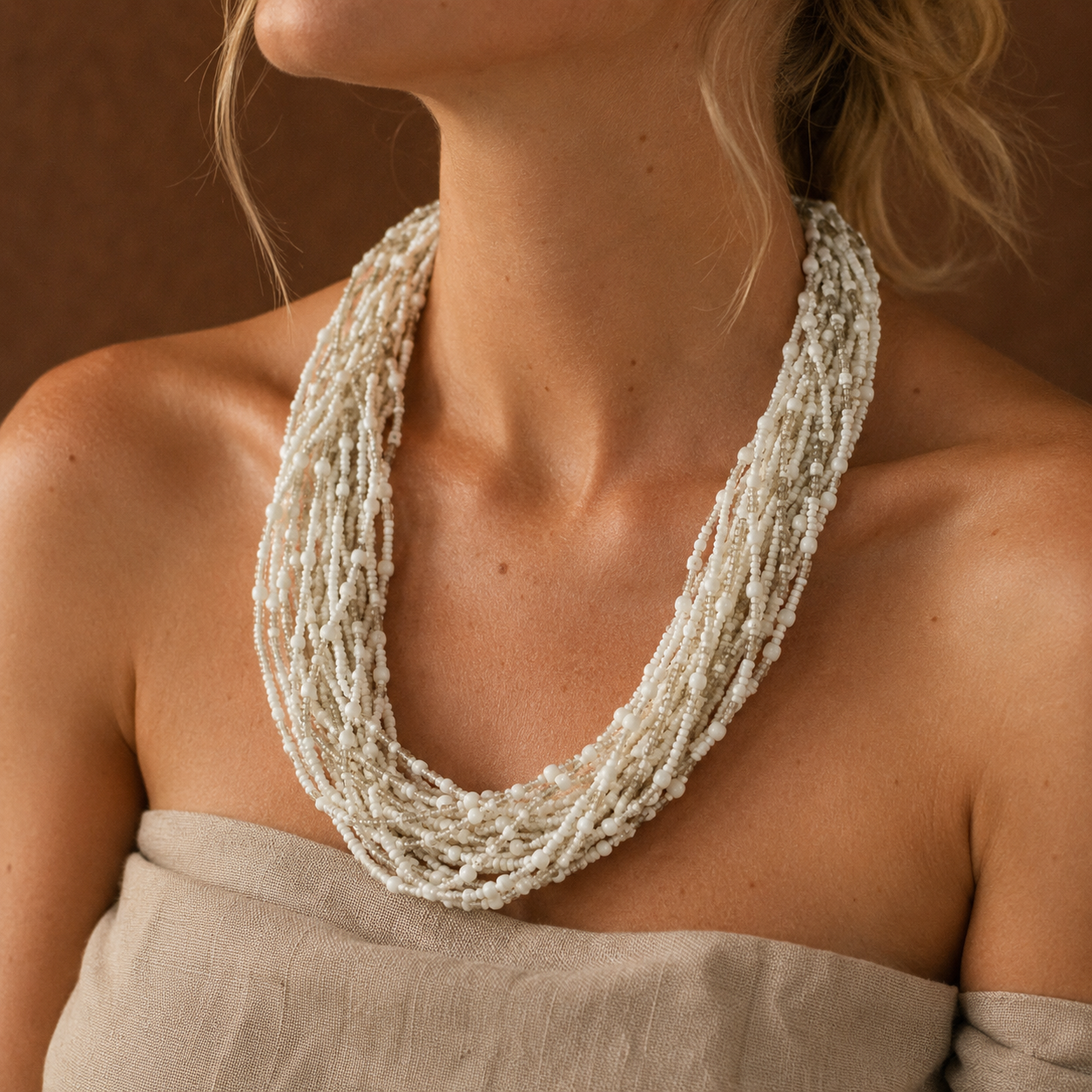 Anga Handwoven White Beaded Layered Necklace