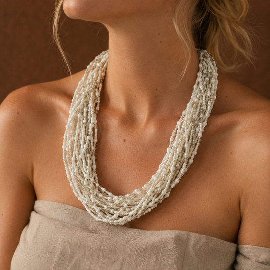 Anga Handwoven White Beaded Layered Necklace