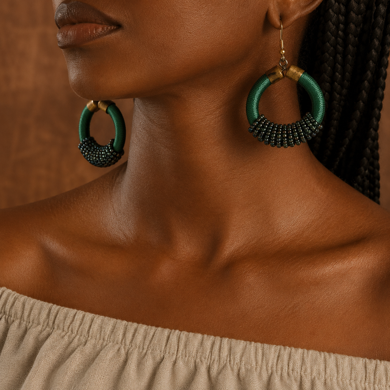 Amara Handcrafted Green Wrapped Hoop Earrings with Beaded Detail