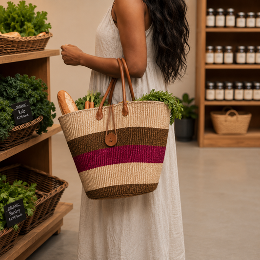 Handwoven African Sisal Basket with Leather Handles