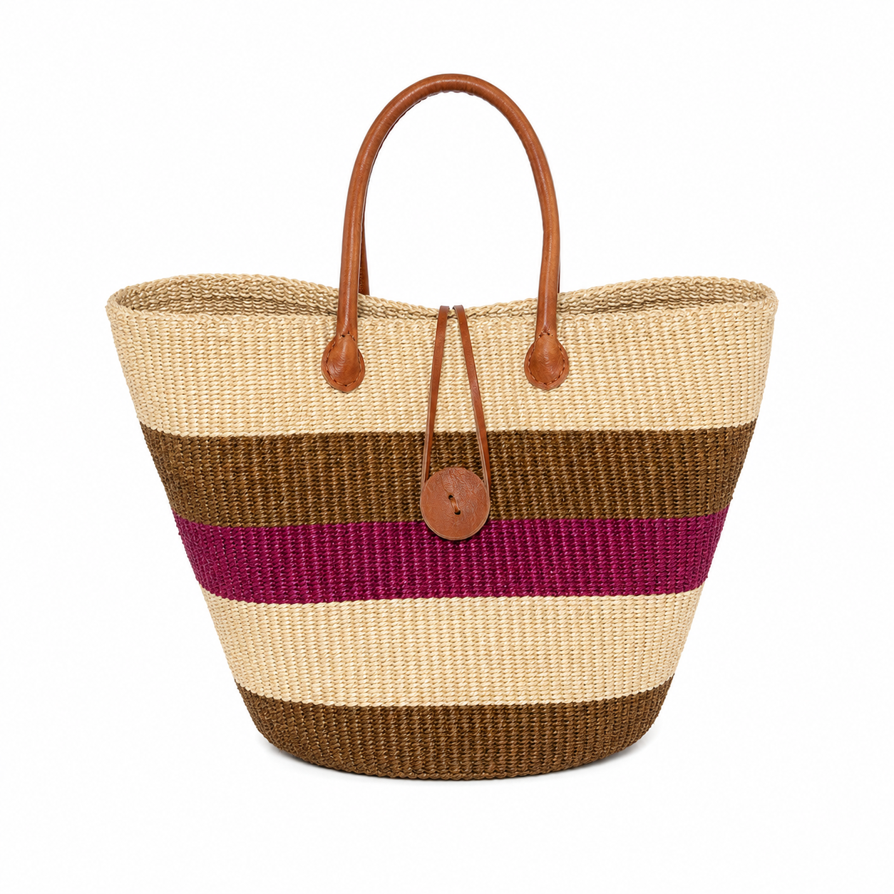 Handwoven African Sisal Basket with Leather Handles