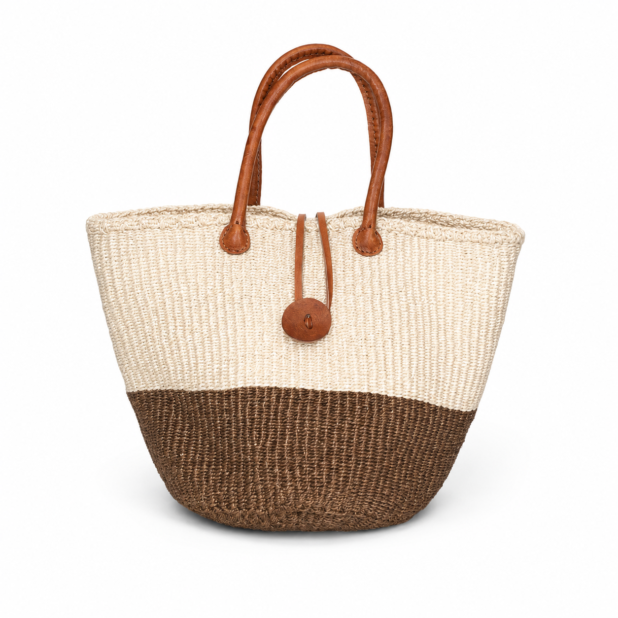 Handwoven African Sisal Basket with Leather Handles