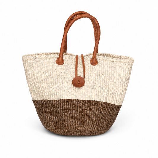 Handwoven African Sisal Basket with Leather Handles