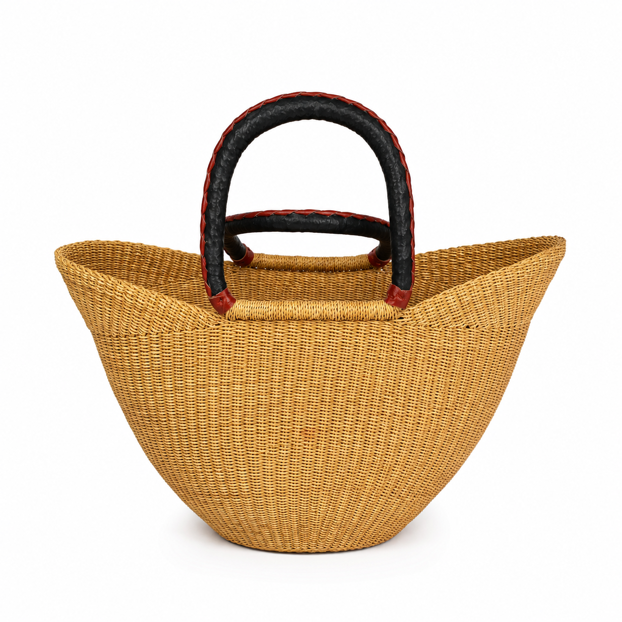 Handwoven African Straw Market Basket | Natural Bolga Basket with Leather Handle
