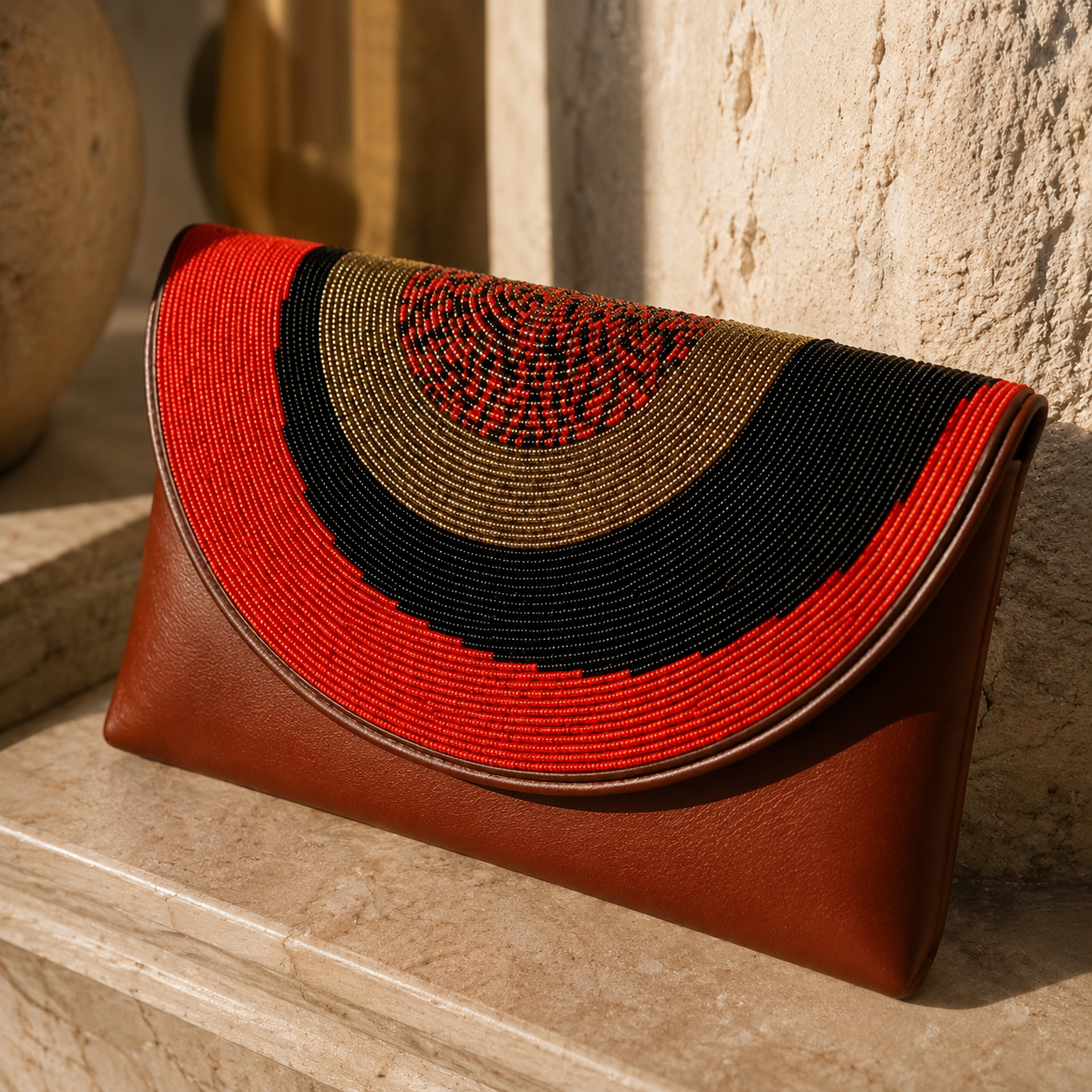 Close-up of the Malkia clutch showcasing intricate red, black, and gold handcrafted beadwork.