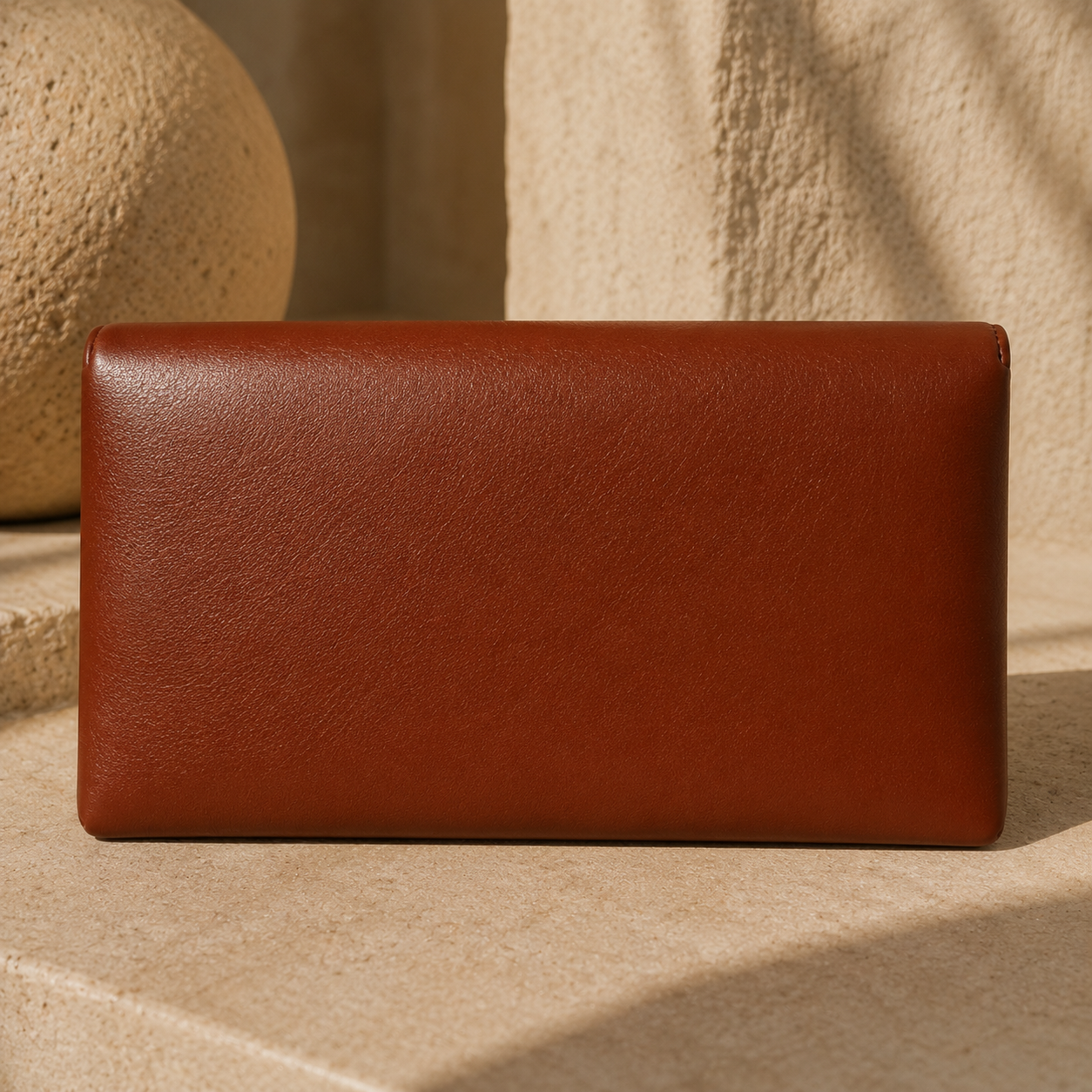 Back view of the Malkia handcrafted clutch featuring a smooth genuine leather finish.