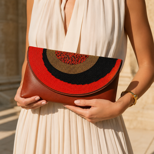 Malkia handcrafted beaded leather clutch with red, black, and gold beadwork.
