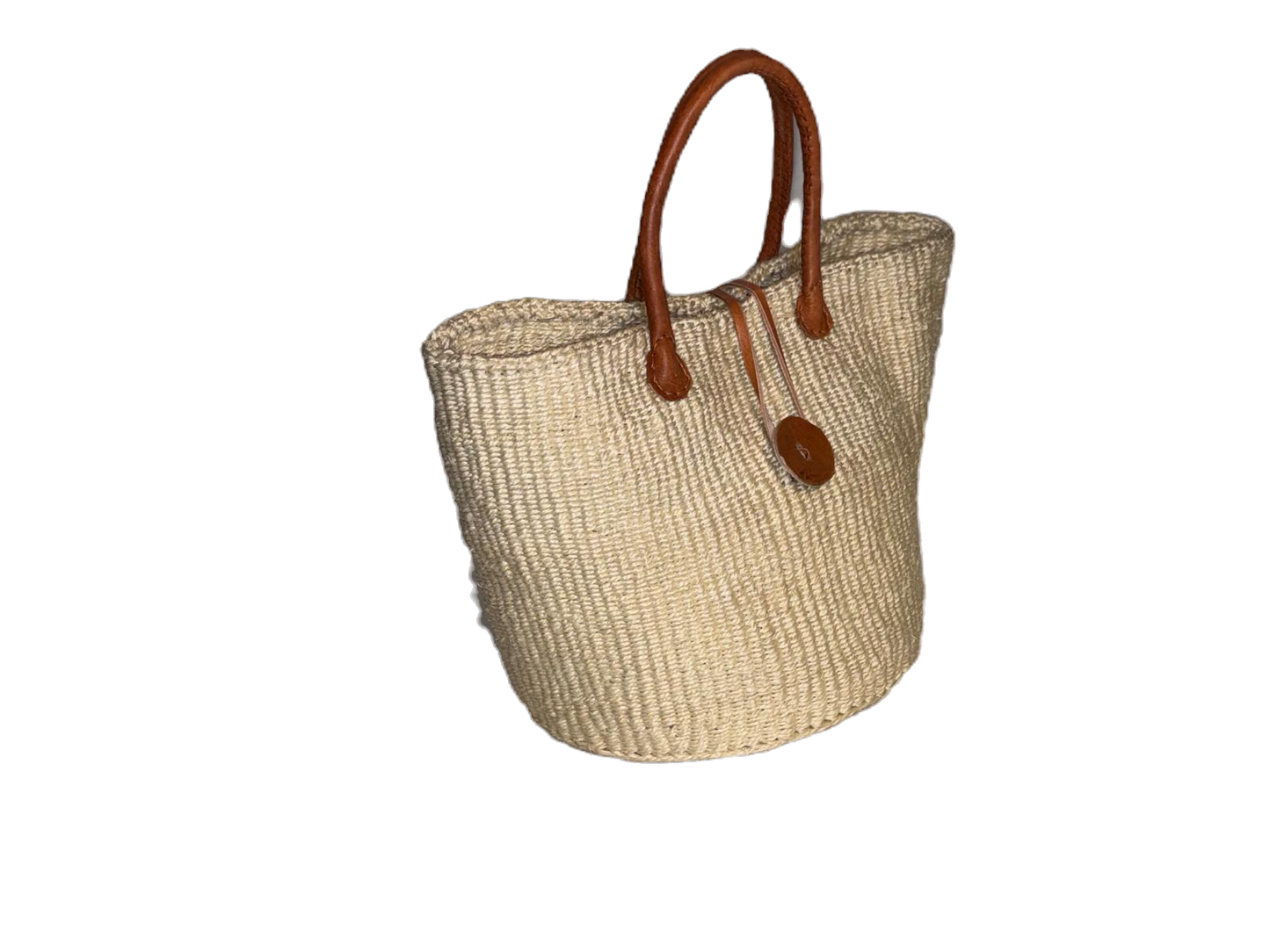 Handwoven African Sisal Basket with Leather Handles image 1