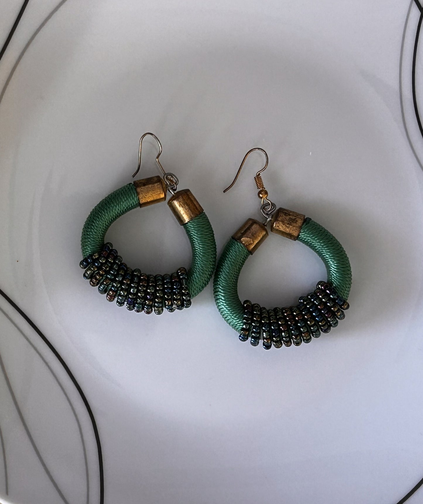 Handcrafted Green Wrapped Hoop Earrings with Beaded Detail image 0