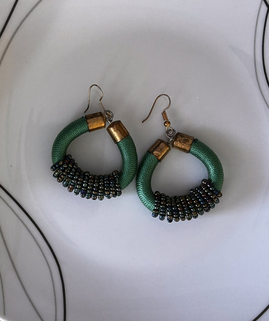 Handcrafted Green Wrapped Hoop Earrings with Beaded Detail image 0