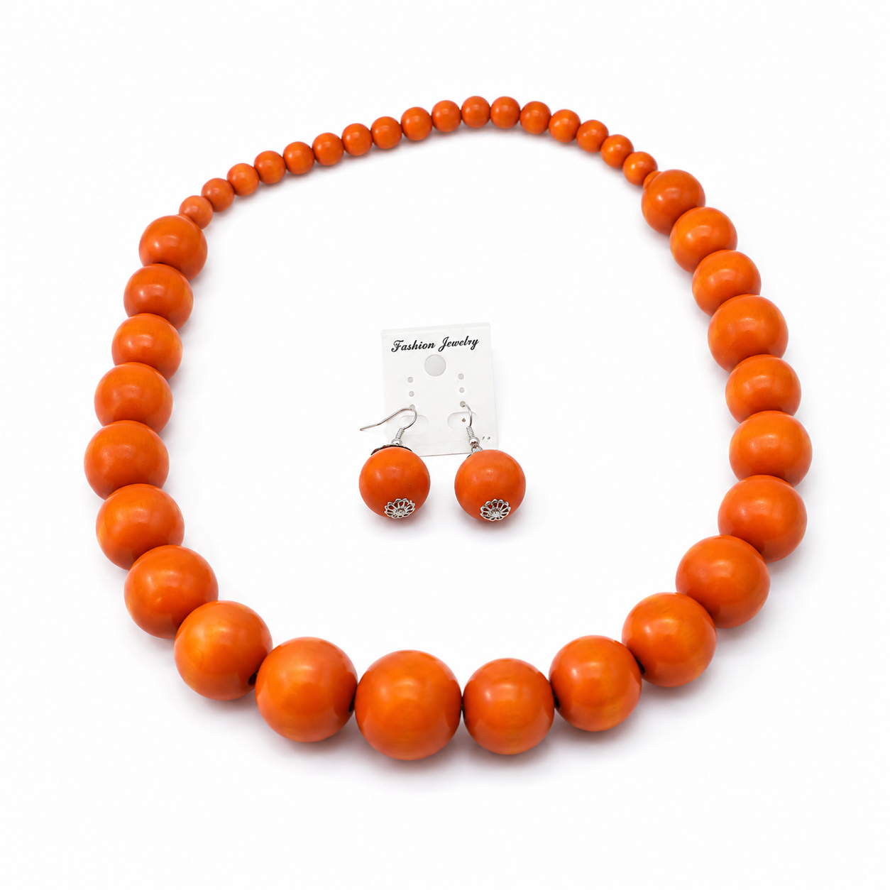 Zuri Orange Wooden Bead Statement Jewelry Set